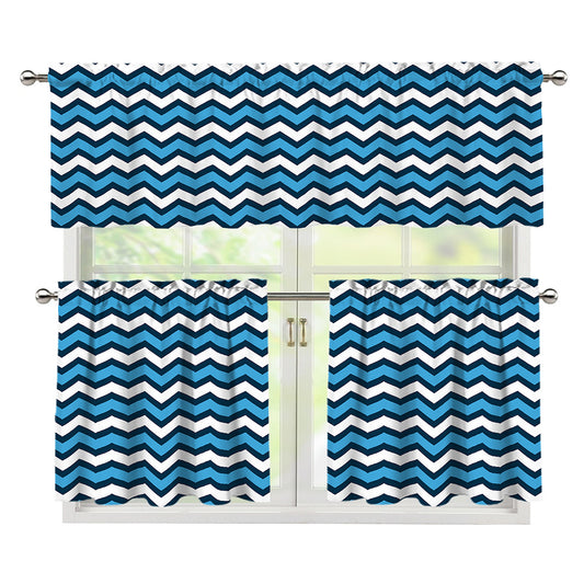Blue And White Zigzag Pattern Print 3 Piece Kitchen Curtains