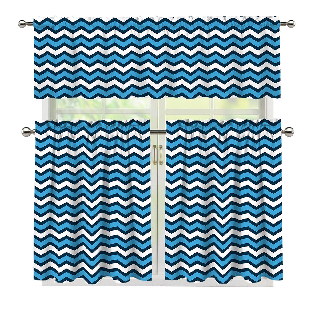 Blue And White Zigzag Pattern Print 3 Piece Kitchen Curtains