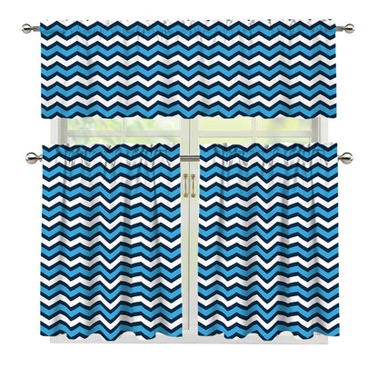 Blue And White Zigzag Pattern Print 3 Piece Kitchen Curtains