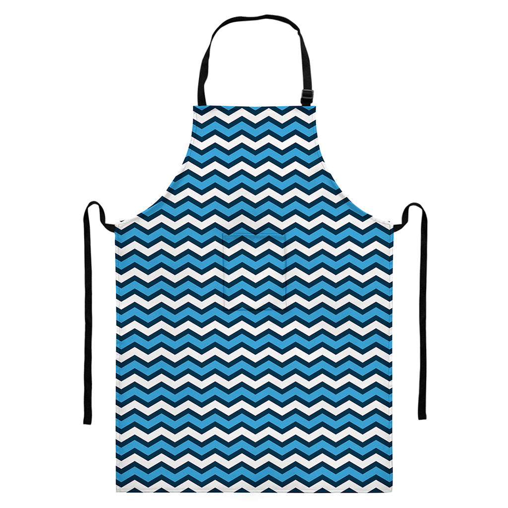 Blue And White Zigzag Pattern Print Bib Apron With Pocket