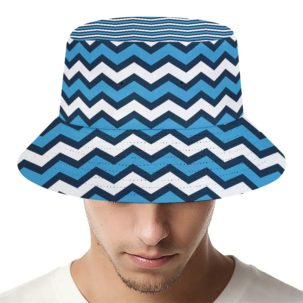 Blue And White Zigzag Pattern Print Bucket Hat