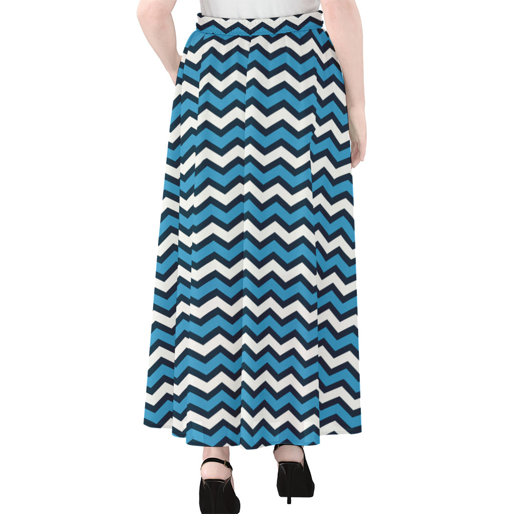 Blue And White Zigzag Pattern Print Chiffon Maxi Skirt
