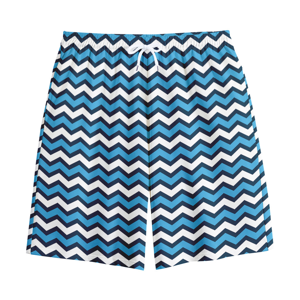 Blue And White Zigzag Pattern Print Cotton Shorts