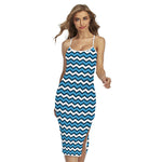 Blue And White Zigzag Pattern Print Cross Back Cami Dress
