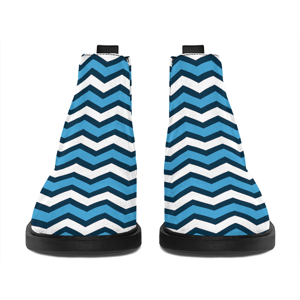 Blue And White Zigzag Pattern Print Flat Ankle Boots