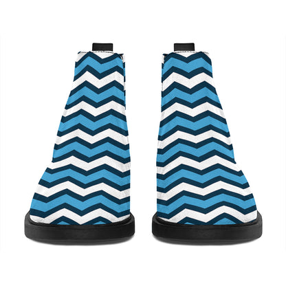Blue And White Zigzag Pattern Print Flat Ankle Boots