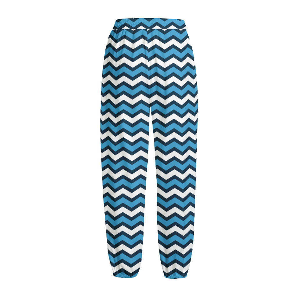 Blue And White Zigzag Pattern Print Fleece Lined Knit Pants