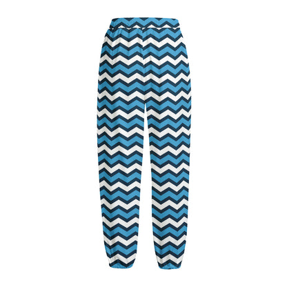 Blue And White Zigzag Pattern Print Fleece Lined Knit Pants