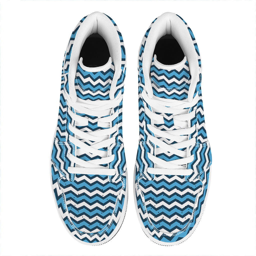 Blue And White Zigzag Pattern Print High Top Leather Sneakers