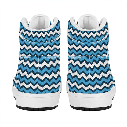 Blue And White Zigzag Pattern Print High Top Leather Sneakers