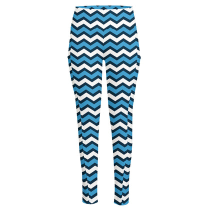Blue And White Zigzag Pattern Print High-Waisted Pocket Leggings