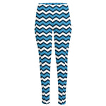 Blue And White Zigzag Pattern Print High-Waisted Pocket Leggings