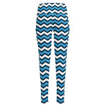 Blue And White Zigzag Pattern Print High-Waisted Pocket Leggings