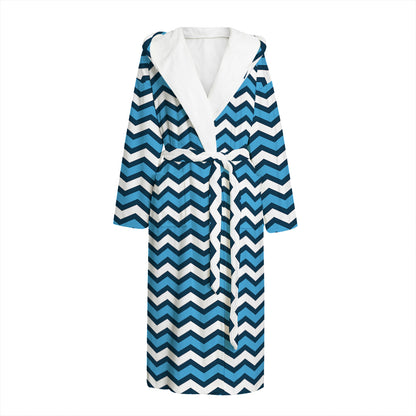 Blue And White Zigzag Pattern Print Hooded Bathrobe