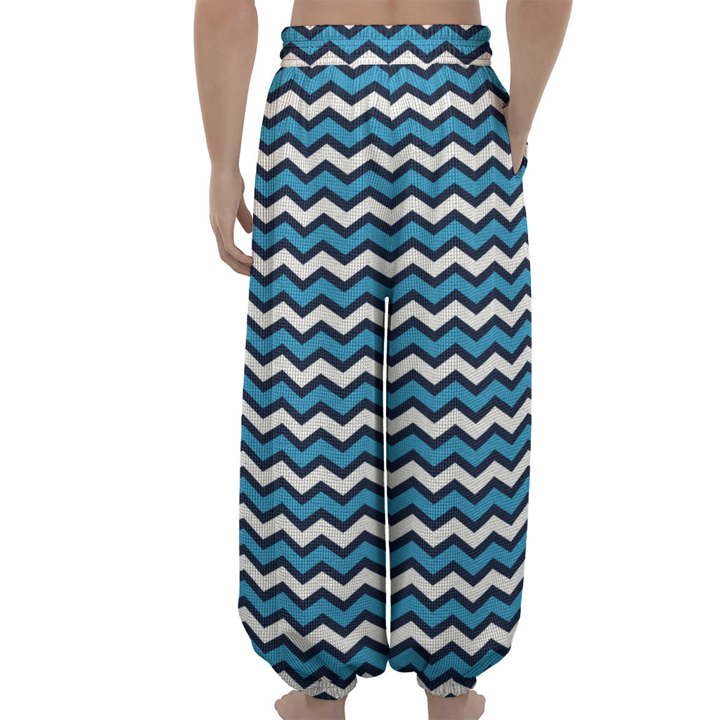Blue And White Zigzag Pattern Print Lantern Pants