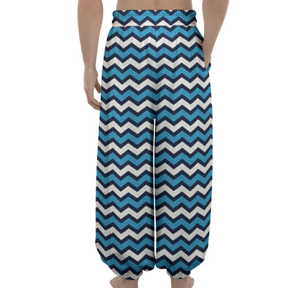 Blue And White Zigzag Pattern Print Lantern Pants