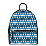 Blue And White Zigzag Pattern Print Leather Backpack