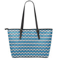 Blue And White Zigzag Pattern Print Leather Tote Bag With Zipper
