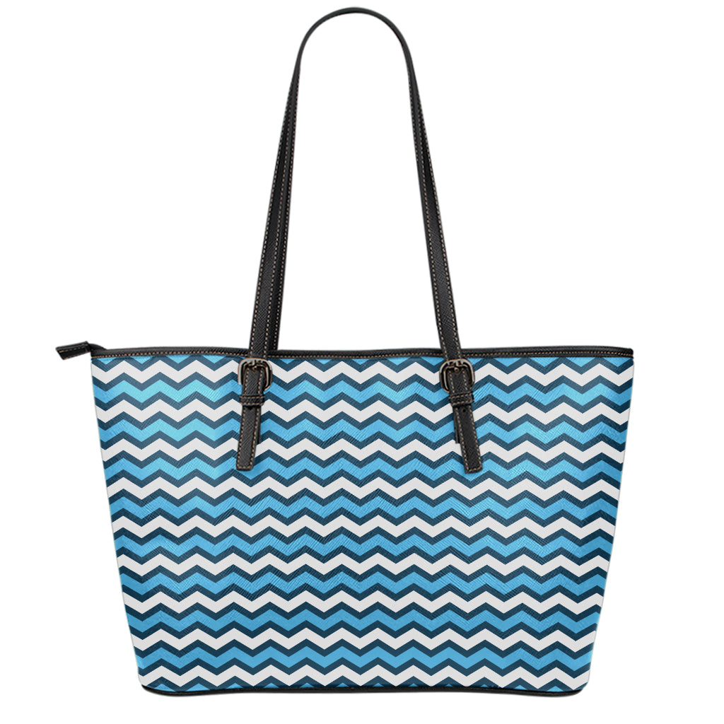 Blue And White Zigzag Pattern Print Leather Tote Bag