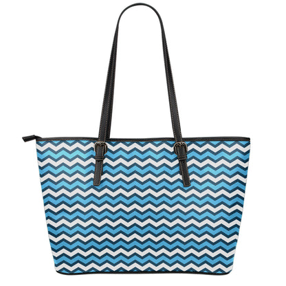 Blue And White Zigzag Pattern Print Leather Tote Bag