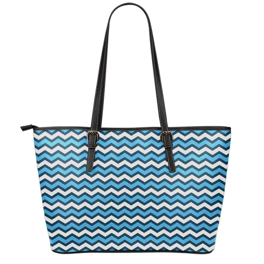 Blue And White Zigzag Pattern Print Leather Tote Bag
