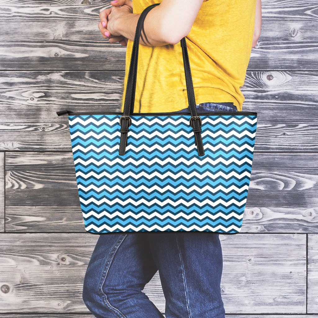 Blue And White Zigzag Pattern Print Leather Tote Bag