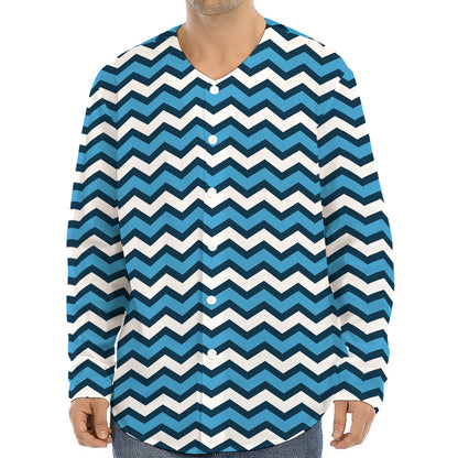 Blue And White Zigzag Pattern Print Long Sleeve Baseball Jersey