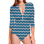 Blue And White Zigzag Pattern Print Long Sleeve Swimsuit