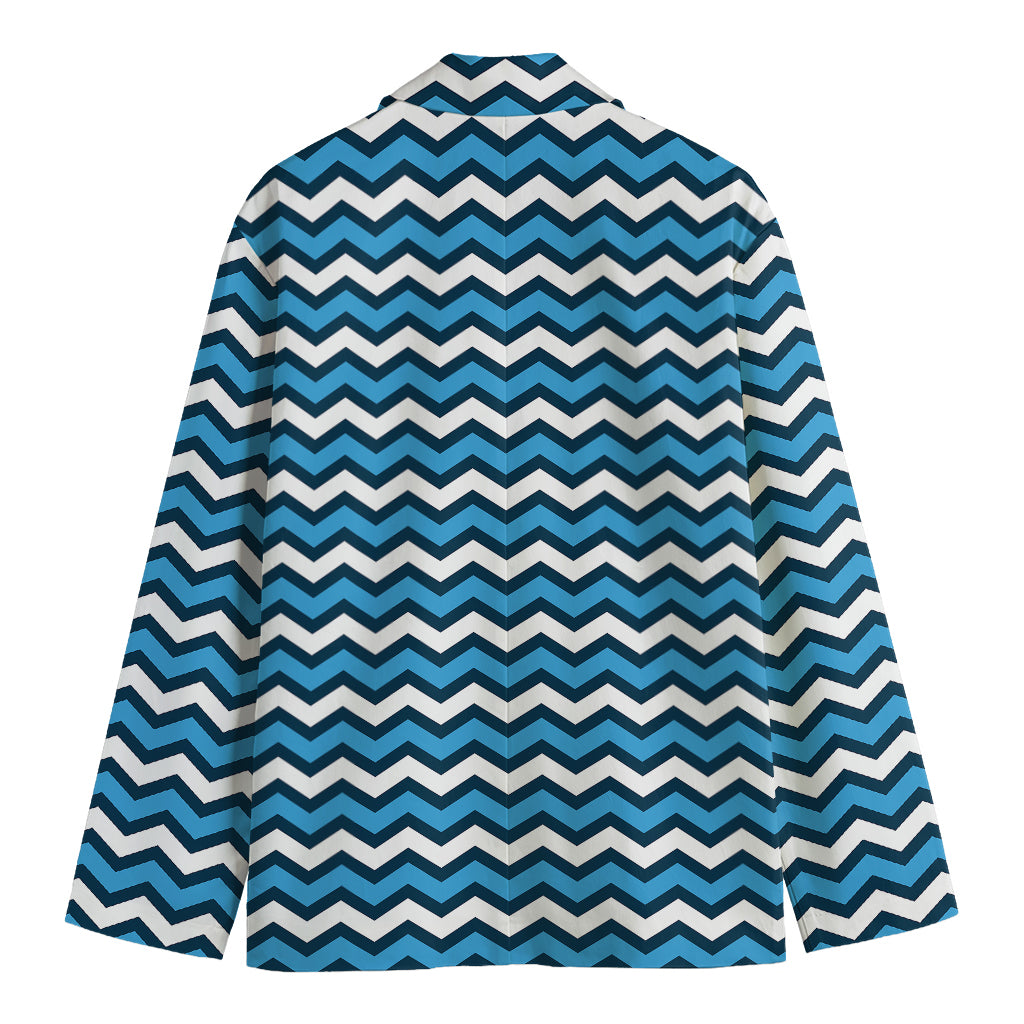Blue And White Zigzag Pattern Print Men's Cotton Blazer