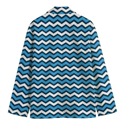 Blue And White Zigzag Pattern Print Men's Cotton Blazer