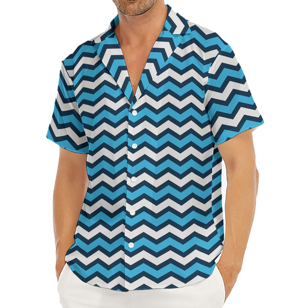 Blue And White Zigzag Pattern Print Men's Deep V-Neck Shirt