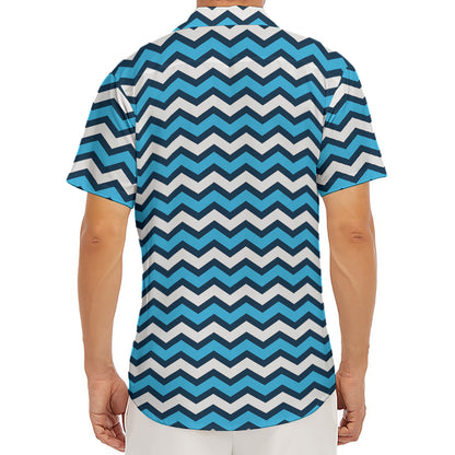 Blue And White Zigzag Pattern Print Men's Deep V-Neck Shirt