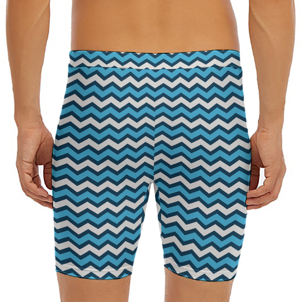 Blue And White Zigzag Pattern Print Men's Long Boxer Briefs