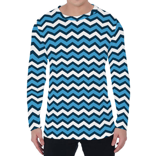 Blue And White Zigzag Pattern Print Men's Long Sleeve T-Shirt