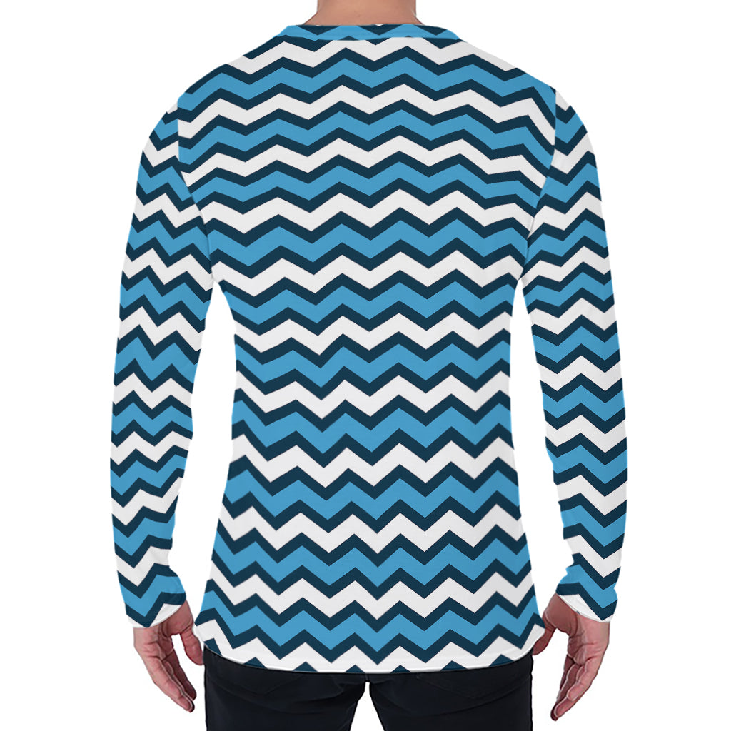 Blue And White Zigzag Pattern Print Men's Long Sleeve T-Shirt