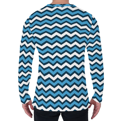 Blue And White Zigzag Pattern Print Men's Long Sleeve T-Shirt