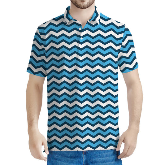 Blue And White Zigzag Pattern Print Men's Polo Shirt