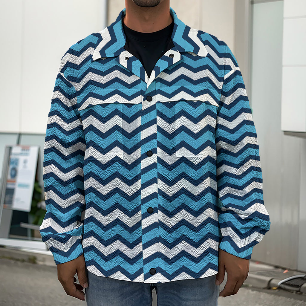 Blue And White Zigzag Pattern Print Men's Shirt Jacket