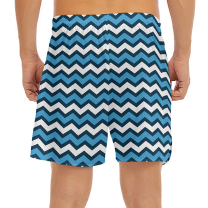 Blue And White Zigzag Pattern Print Men's Split Running Shorts