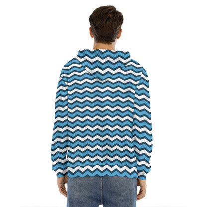 Blue And White Zigzag Pattern Print Men's Velvet Pullover Hoodie