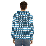 Blue And White Zigzag Pattern Print Men's Velvet Pullover Hoodie