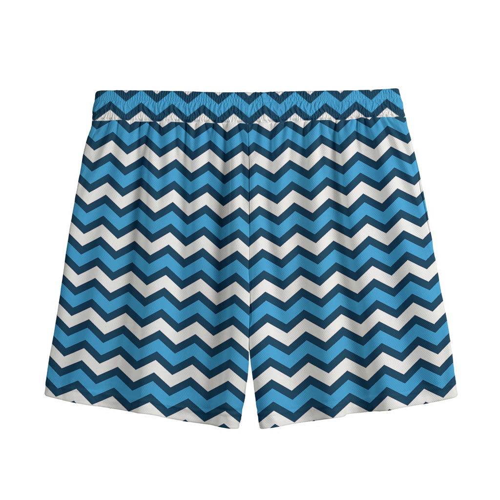 Blue And White Zigzag Pattern Print Mesh Shorts