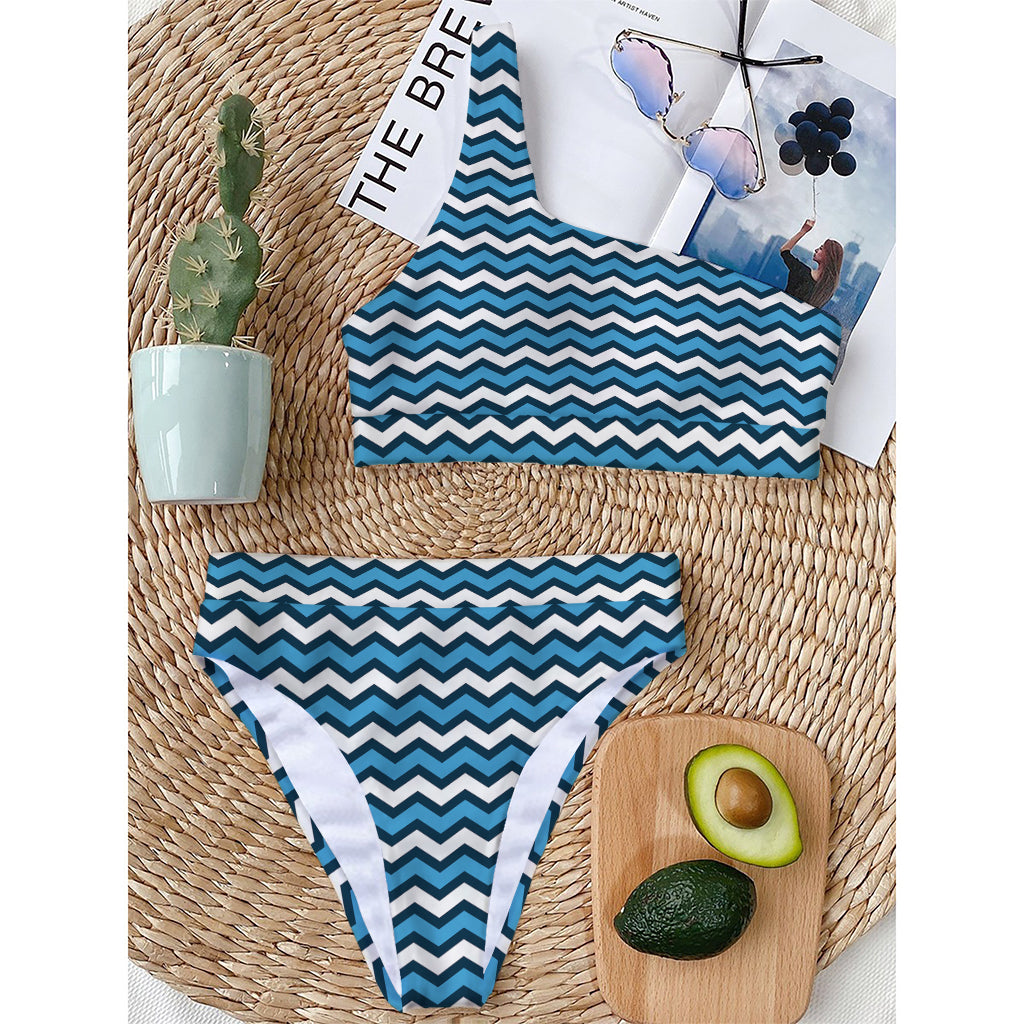 Blue And White Zigzag Pattern Print One Shoulder Bikini Top