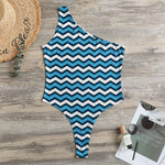 Blue And White Zigzag Pattern Print One Shoulder Bodysuit