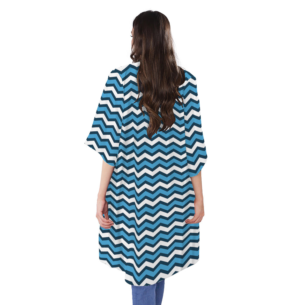 Blue And White Zigzag Pattern Print Open Front Beach Cover Up