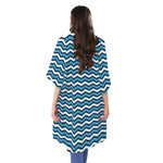 Blue And White Zigzag Pattern Print Open Front Beach Cover Up
