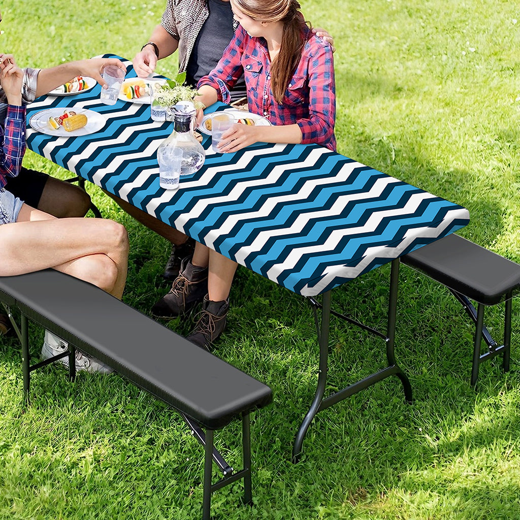 Blue And White Zigzag Pattern Print Picnic Table Cover