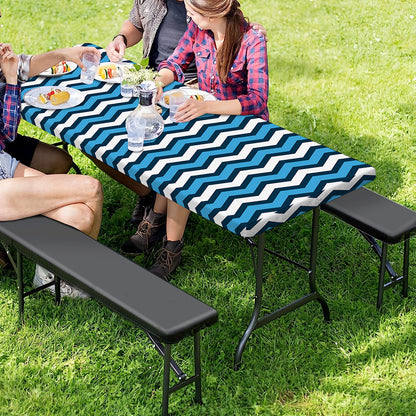 Blue And White Zigzag Pattern Print Picnic Table Cover