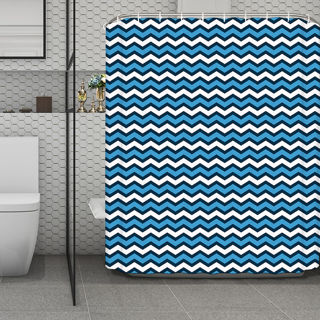 Blue And White Zigzag Pattern Print Polyester Shower Curtain