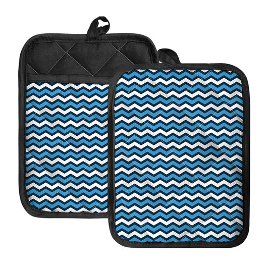 Blue And White Zigzag Pattern Print Pot Holders With Pocket